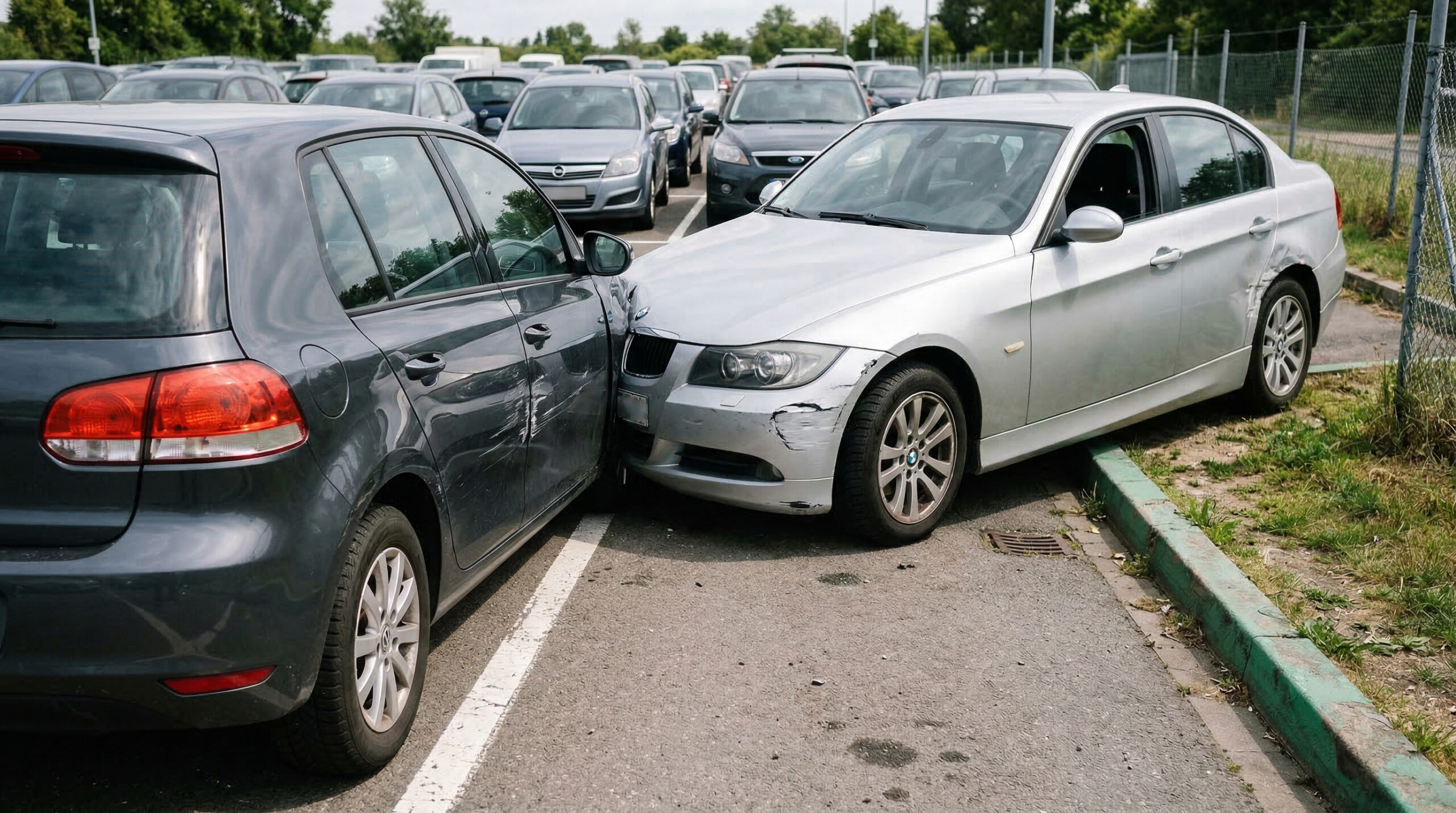 Ein fahrendes Auto streift ein falsch parkendes Fahrzeug in einer engen Durchfahrt auf einem Asphaltparkplatz.